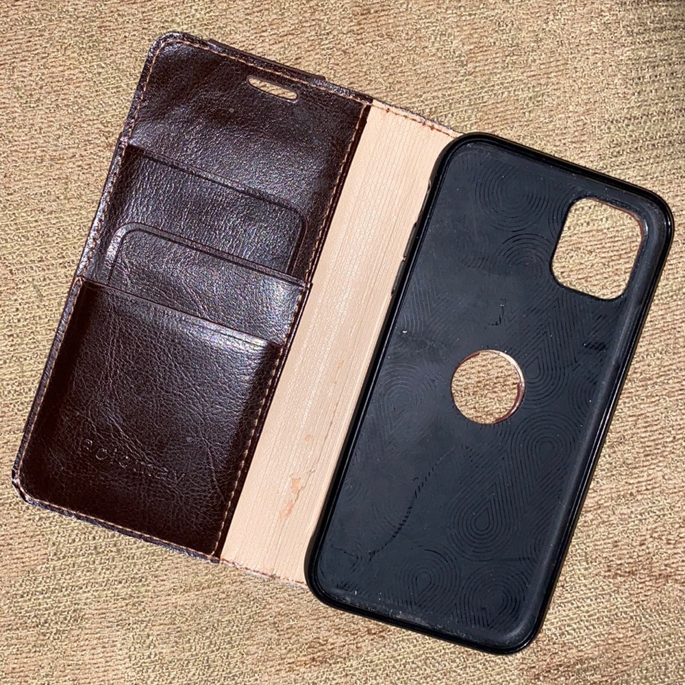 Brown leather iPhone 11 case with folding wallet